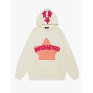 VAMTAC Dark Harvest Star Embroidered Oversized Hoodie Pullover Cream Pink Medium